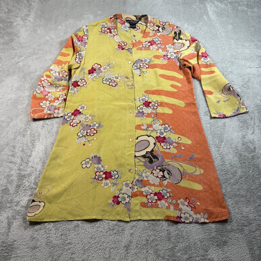 Citron Santa Monica Silk Blouse Womens Small Yellow Floral Button Up Tunic